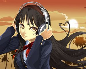 Preview wallpaper girl, brunette, headphones, music, sunset, birds
