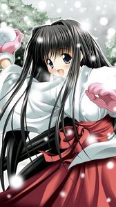 Preview wallpaper girl, brunette, kimono, snowballs, playing, snow