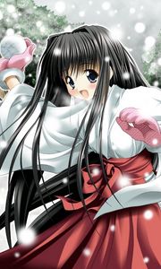 Preview wallpaper girl, brunette, kimono, snowballs, playing, snow