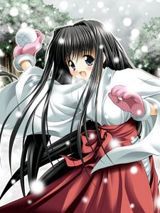 Preview wallpaper girl, brunette, kimono, snowballs, playing, snow