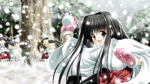 Preview wallpaper girl, brunette, kimono, snowballs, playing, snow