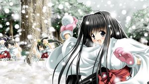 Preview wallpaper girl, brunette, kimono, snowballs, playing, snow