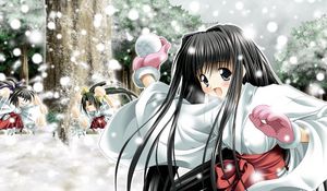 Preview wallpaper girl, brunette, kimono, snowballs, playing, snow