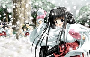 Preview wallpaper girl, brunette, kimono, snowballs, playing, snow