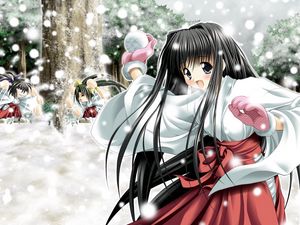 Preview wallpaper girl, brunette, kimono, snowballs, playing, snow
