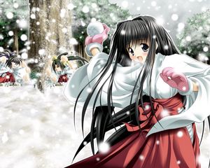 Preview wallpaper girl, brunette, kimono, snowballs, playing, snow