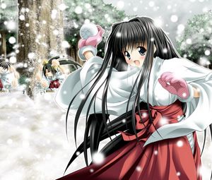 Preview wallpaper girl, brunette, kimono, snowballs, playing, snow