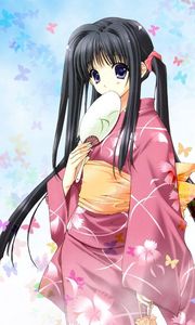 Preview wallpaper girl, brunette, kimono, fan, dear