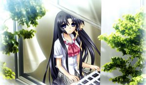 Preview wallpaper girl, brunette, piano, wood, window