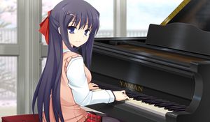 Preview wallpaper girl, brunette, playing, piano, smile