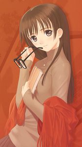 Preview wallpaper girl, brunette, science, interest, book, glasses, student, red, sweater