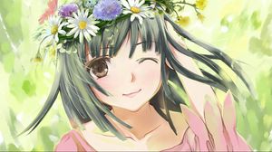 Preview wallpaper girl, brunette, wreath, hair, happiness, spring