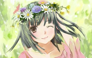 Preview wallpaper girl, brunette, wreath, hair, happiness, spring