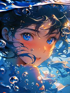 Preview wallpaper girl, bubbles, blue, anime