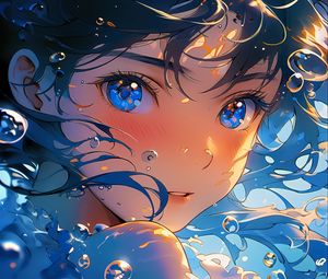 Preview wallpaper girl, bubbles, blue, anime