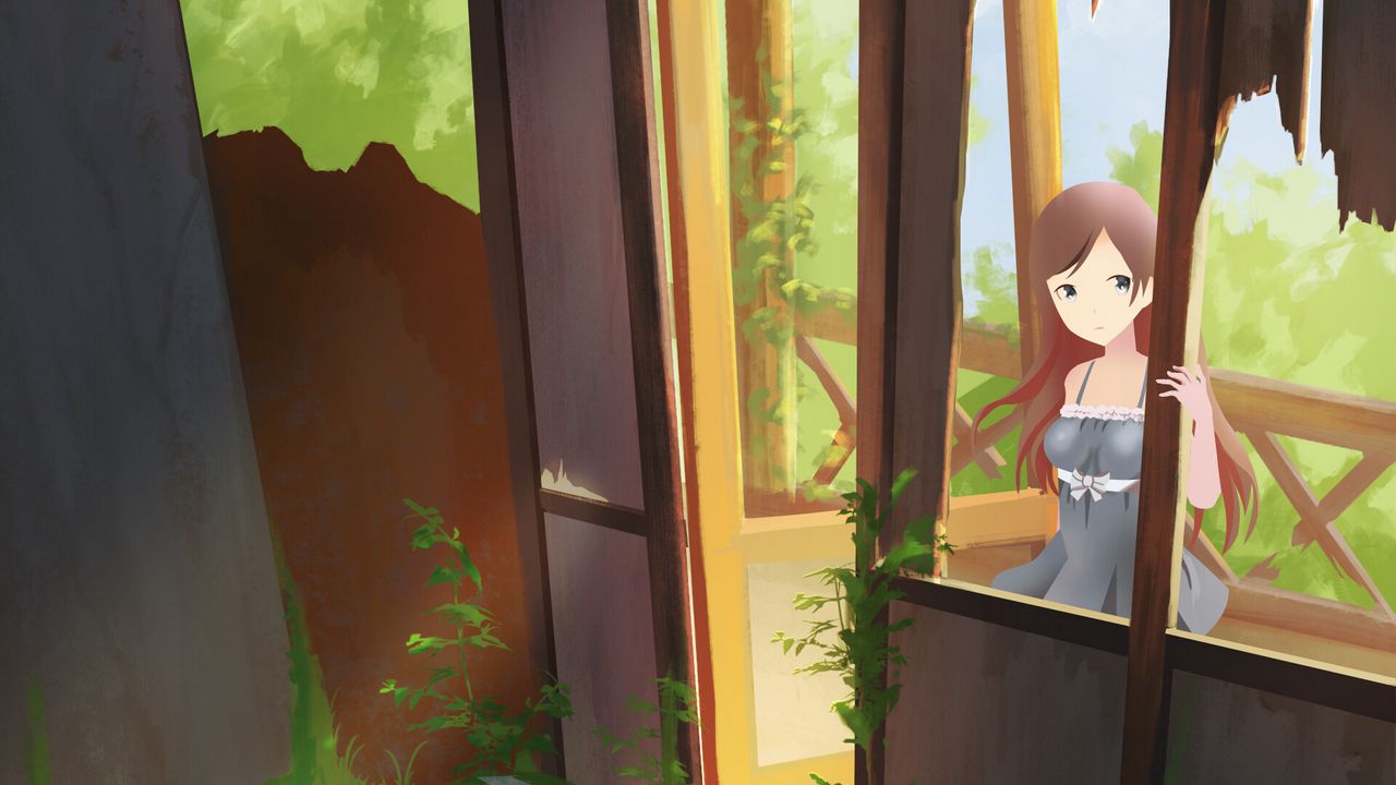 Wallpaper girl, building, cat, anime, art
