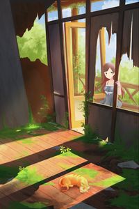 Preview wallpaper girl, building, cat, anime, art