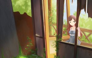 Preview wallpaper girl, building, cat, anime, art