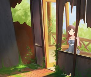Preview wallpaper girl, building, cat, anime, art