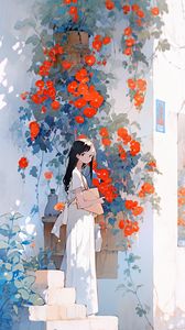 Preview wallpaper girl, building, flowers, anime, art
