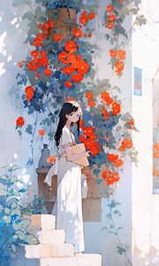 Preview wallpaper girl, building, flowers, anime, art