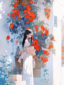 Preview wallpaper girl, building, flowers, anime, art