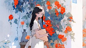 Preview wallpaper girl, building, flowers, anime, art