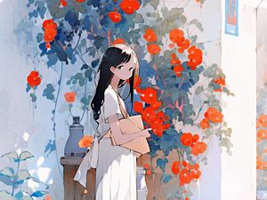 Preview wallpaper girl, building, flowers, anime, art