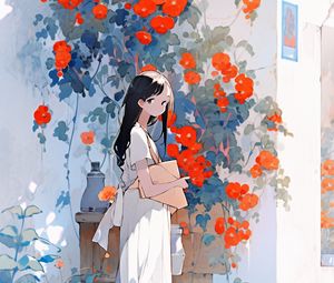 Preview wallpaper girl, building, flowers, anime, art