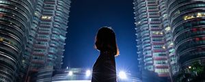 Preview wallpaper girl, building, skyscraper, night