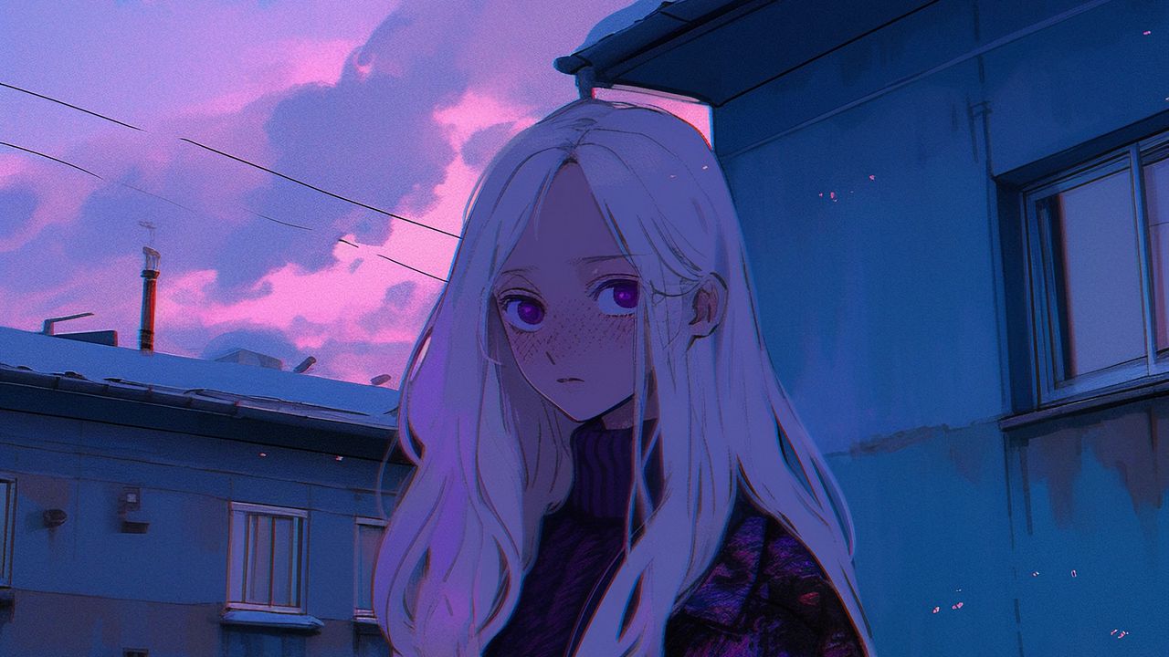 Wallpaper girl, buildings, anime, blue