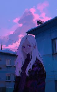 Preview wallpaper girl, buildings, anime, blue