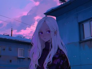 Preview wallpaper girl, buildings, anime, blue