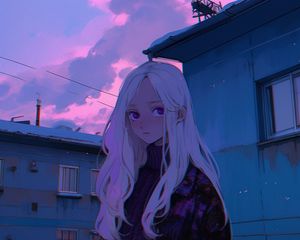 Preview wallpaper girl, buildings, anime, blue