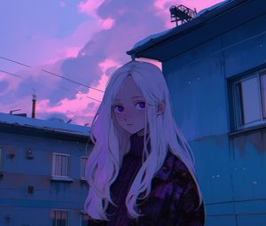 Preview wallpaper girl, buildings, anime, blue