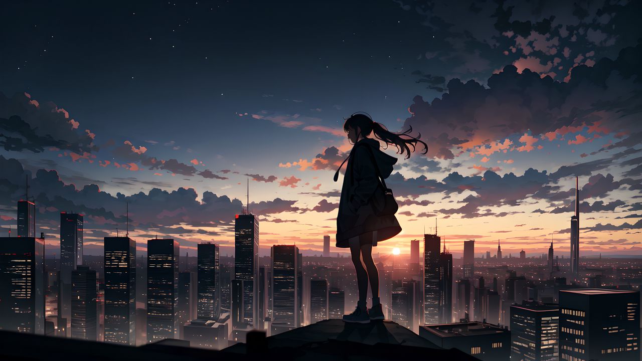 Wallpaper girl, buildings, city, fog, sunrise, anime