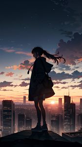 Preview wallpaper girl, buildings, city, fog, sunrise, anime