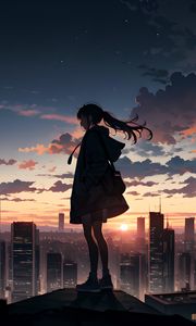 Preview wallpaper girl, buildings, city, fog, sunrise, anime