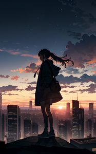 Preview wallpaper girl, buildings, city, fog, sunrise, anime