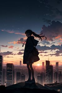 Preview wallpaper girl, buildings, city, fog, sunrise, anime