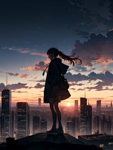 Preview wallpaper girl, buildings, city, fog, sunrise, anime