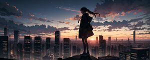 Preview wallpaper girl, buildings, city, fog, sunrise, anime