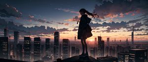 Preview wallpaper girl, buildings, city, fog, sunrise, anime