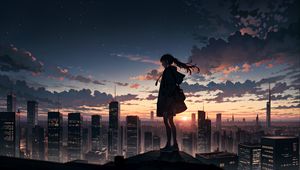 Preview wallpaper girl, buildings, city, fog, sunrise, anime