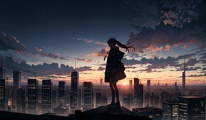 Preview wallpaper girl, buildings, city, fog, sunrise, anime