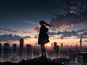 Preview wallpaper girl, buildings, city, fog, sunrise, anime