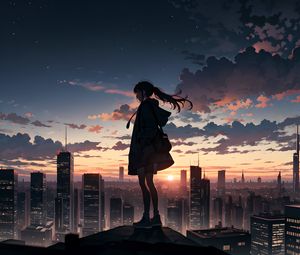 Preview wallpaper girl, buildings, city, fog, sunrise, anime