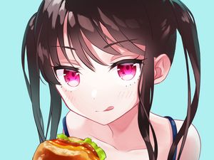 Preview wallpaper girl, burger, glance, anime