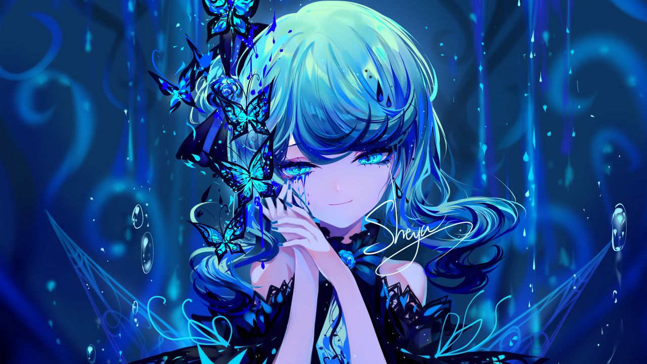 Wallpaper girl, butterflies, anime, art, blue