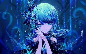 Preview wallpaper girl, butterflies, anime, art, blue